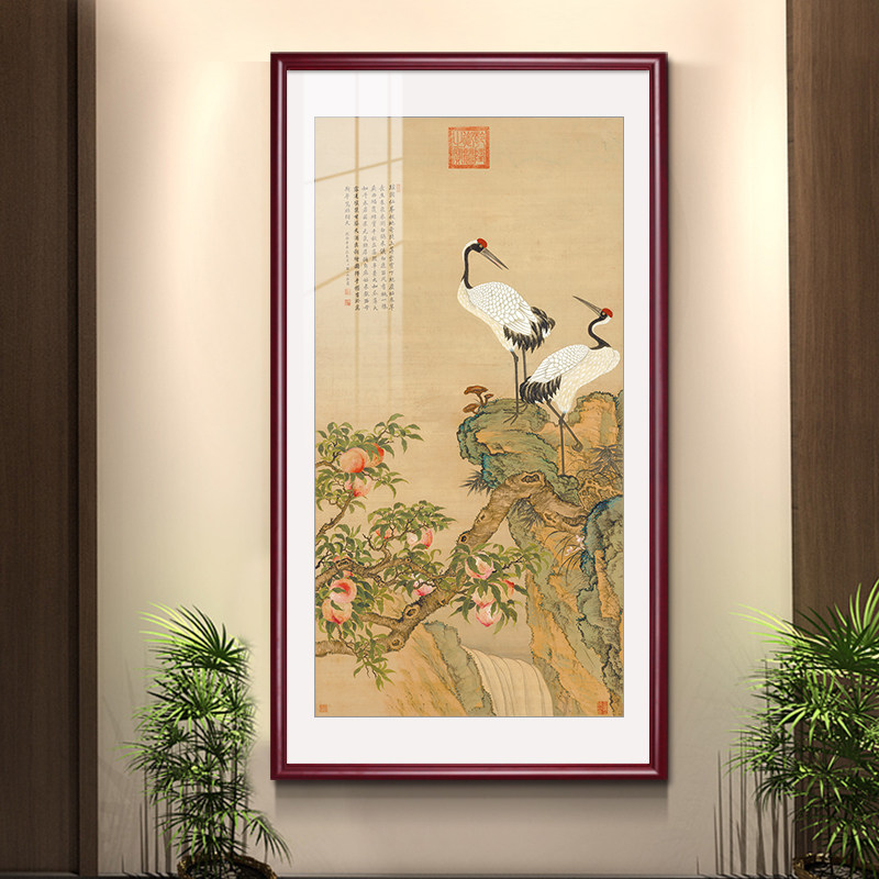 入户玄关画松鹤延年挂画新中式客厅装饰画楼梯走道壁画仙鹤寿桃图