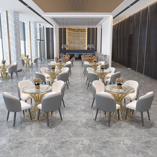 轻奢岩板洽谈桌椅组合售楼处4S店酒店会客接待休闲小圆桌一桌四椅