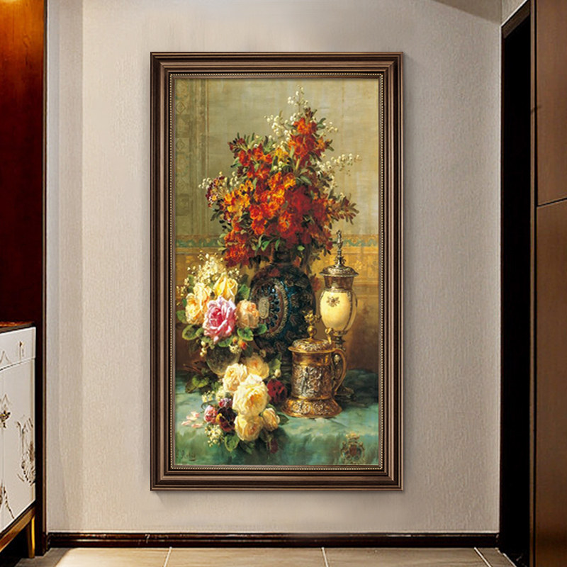 美式花卉玄关装饰画大别墅走廊过道挂画宫廷餐厅壁画楼梯复古油画