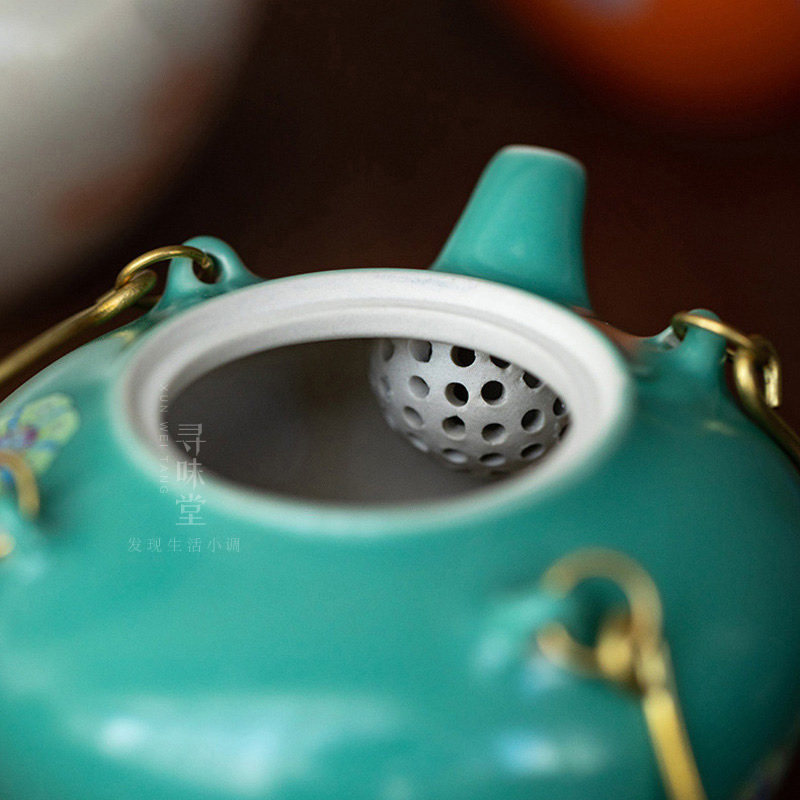 雅致皮球花四合提梁壶松石绿中式小茶壶单壶陶瓷功夫泡茶壶茶具