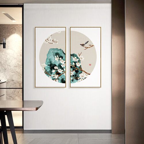 水墨宣言 新中式玄关轻奢花鸟装饰画时来运转挂画双联组合墙画