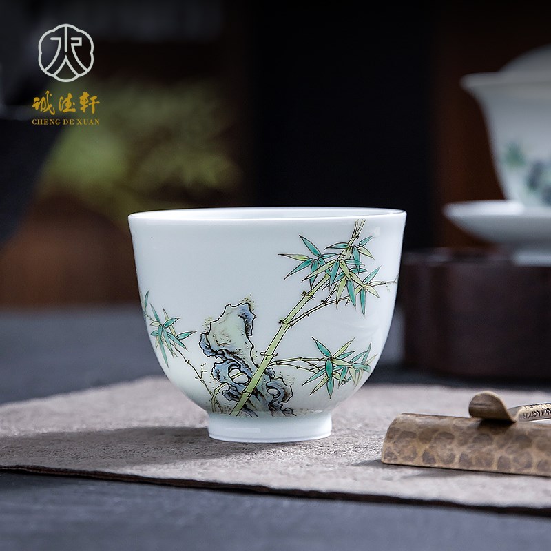 诚德轩景德镇茶杯主人杯功夫茶具手绘粉彩竹报平安宝铃杯陶瓷茶器