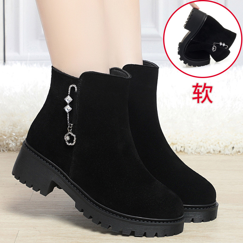 真皮中跟妈妈短靴女秋冬季棉鞋翻毛粗跟加绒加厚磨砂皮软底羊毛靴