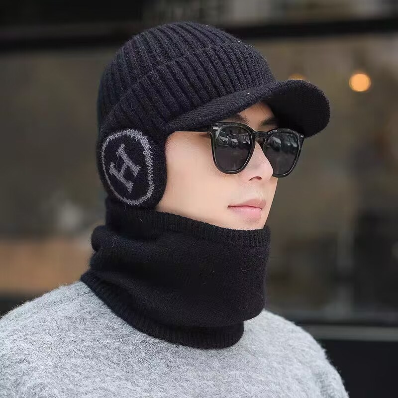 帽子男冬季保暖护耳毛线帽男士骑行加绒加厚防寒鸭舌针织套帽潮