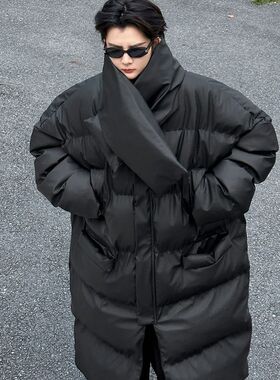 冬季暗黑山本风立领围脖皮棉衣男中长款设计感御寒保暖羽绒棉服潮