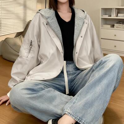 2025秋冬新款假两件连帽外套巨好看的初冬女士外套拼接棒球服上衣