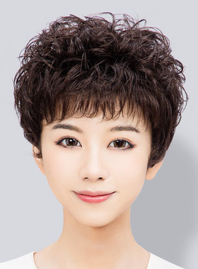 假发女短发圆脸修脸短卷发气质真人发丝老年人奶奶酷帅气蓬松网红
