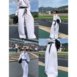 李婉君老钱风白色亚麻垂感阔腿裤女夏季透气松弛感休闲 拖地