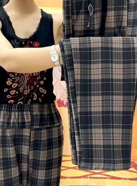 新款妈妈大码中老年女裤高腰弹力妈妈格子裤两侧带兜爆款春秋冬款