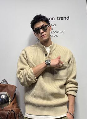 日系重磅毛衣男秋冬季修身保暖粗线半高领针织衫打底宽松卫衣外套