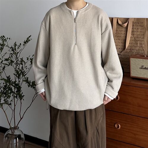 B东日系男装秋冬半拉链套头卫衣男薄款针织垂感宽松情侣百搭上衣