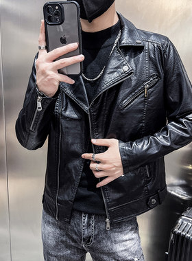 西装领皮衣外套男春秋款韩版潮流修身帅气机车小伙网红男士皮夹克