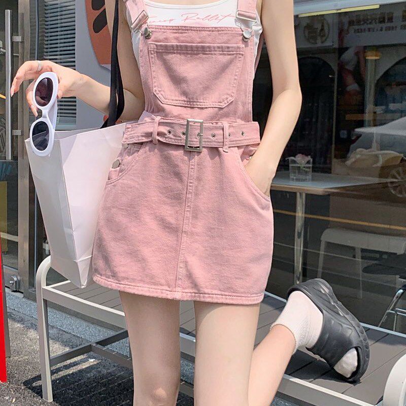 脏粉色牛仔背带连衣裙女2024夏季新款高腰显瘦小个子a字短裙子潮