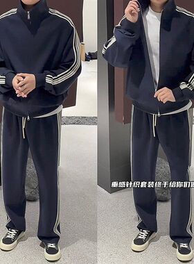 春季新款竖条纹休闲运动套装男士韩系潮流卫衣直筒卫裤情侣两件套