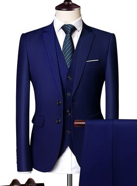 2024秋装新款两粒扣西服男士商务休闲西装套装宝蓝三件套马甲西裤