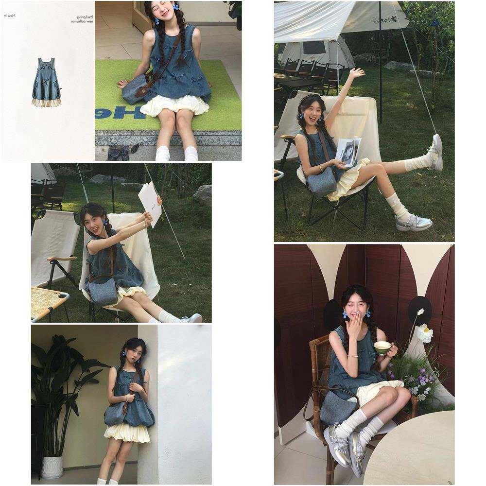 酷搭配一整套夏装新款小个子蝴蝶结花苞无袖牛仔上衣短裙子两件套
