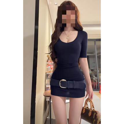 纯欲风性感U领紧身弹力针织包臀短裙女夏季氛围感显瘦约会洋装