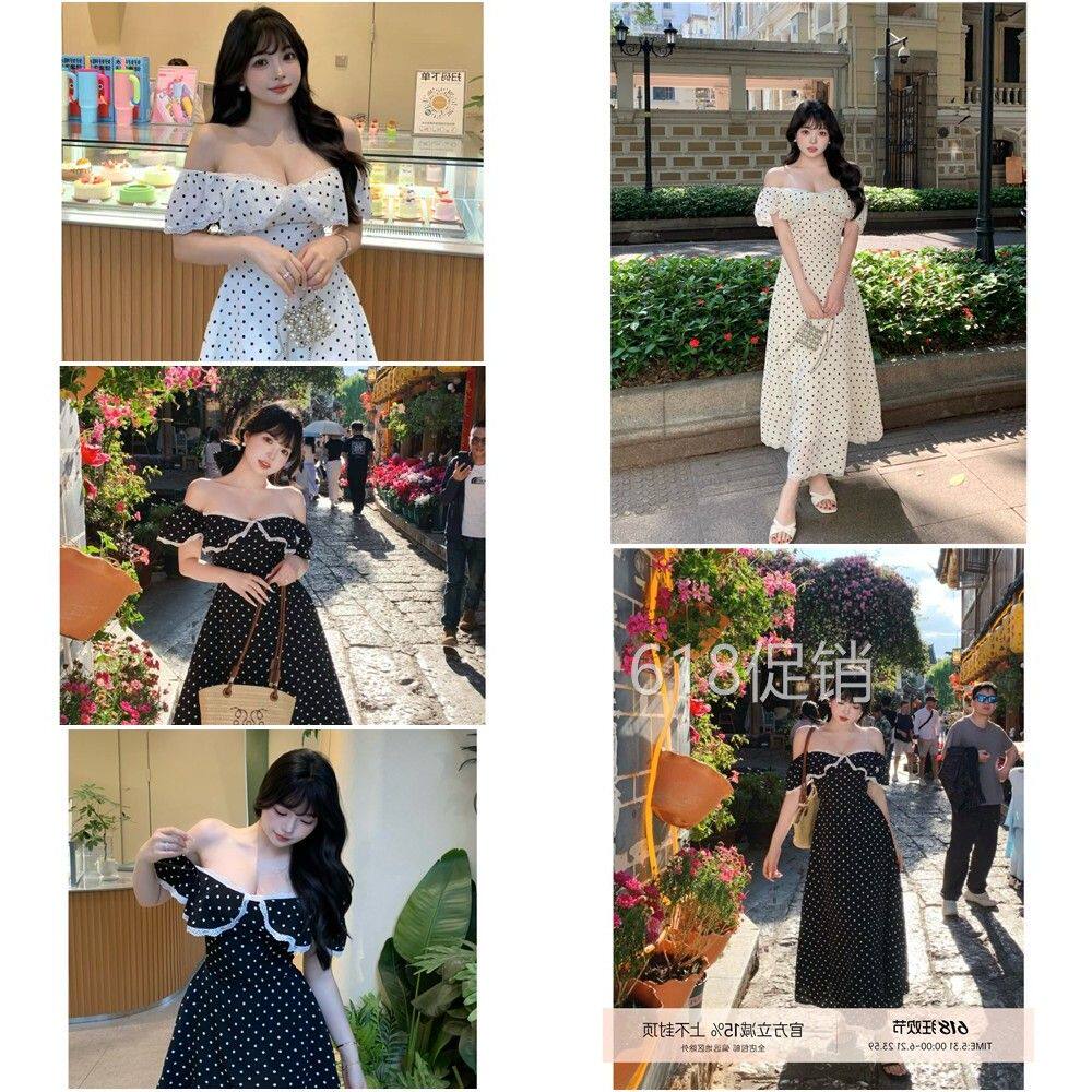 MengFairy魅力磁场连衣裙波点一字肩长裙微胖女士显瘦2025夏季A字