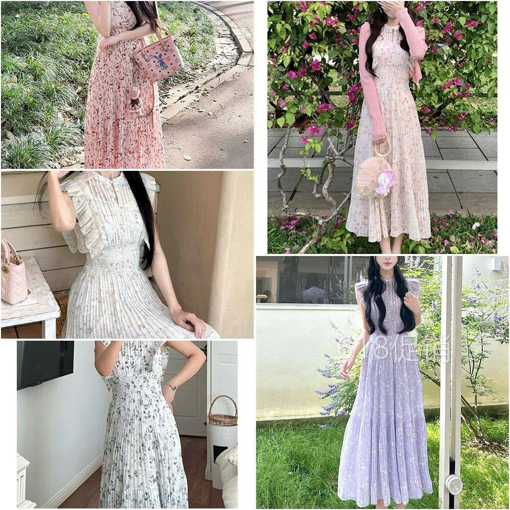饭团君同款日系夏季女装时尚立领碎花荷叶边小飞袖百褶连衣长裙