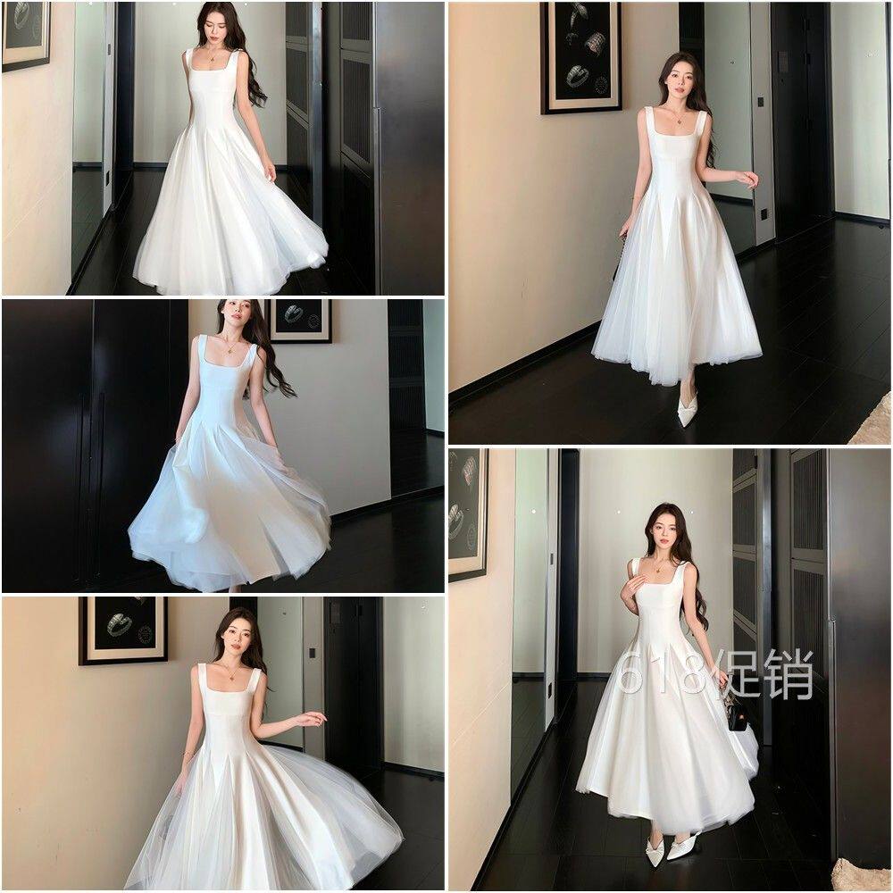 但你butyou白色吊带洋装女网纱蓬蓬裙高级感生日订婚礼服长裙