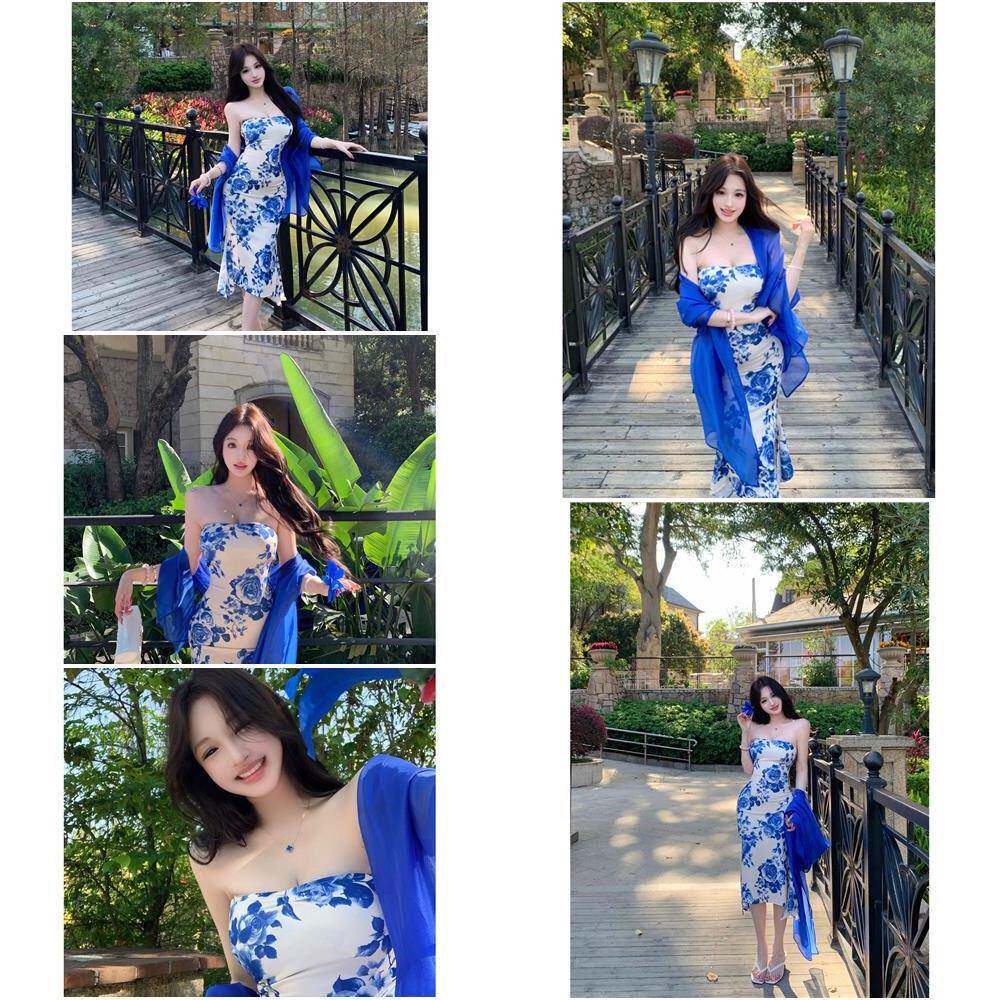 青花瓷蓝色印花无袖抹胸连衣裙女夏季修身中长款纯欲收腰包臀裙子