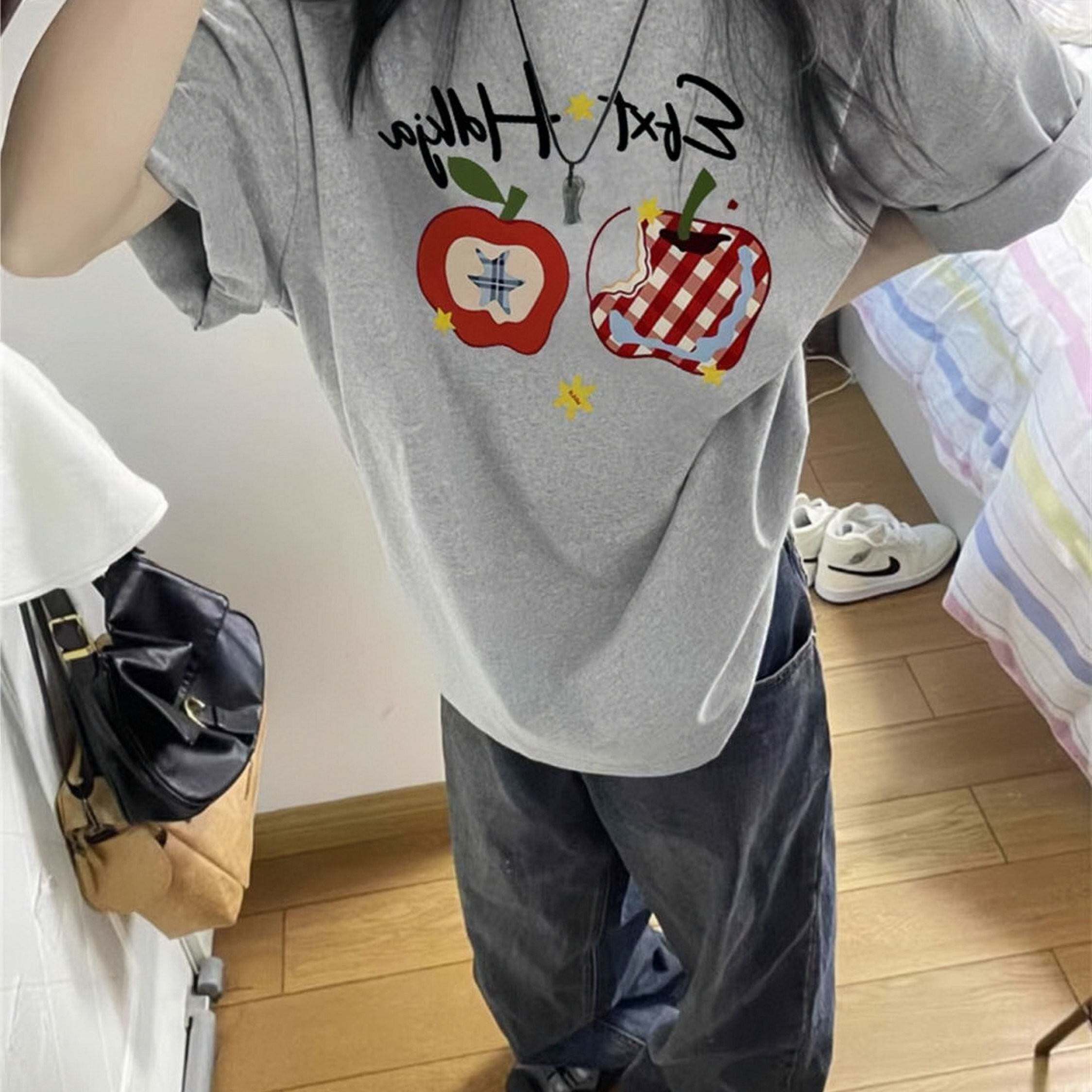 美式灰色圆领短袖T恤女大童2026新款夏初中高中学生宽松半袖上衣
