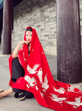 丝巾夏季薄款女多功能外搭红色仙鹤旅游度假防晒大披肩沙滩巾纱巾