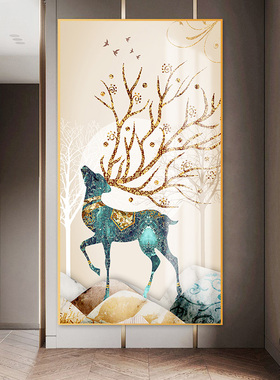 玄关客厅装饰画北欧金色麋鹿晶瓷画沙发背景墙挂画入户过道墙壁画