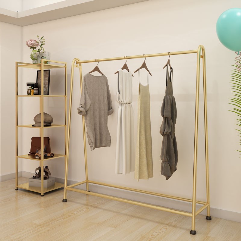服装店展示架时尚落地式铁艺货架金色女装挂衣杆中岛架陈列架