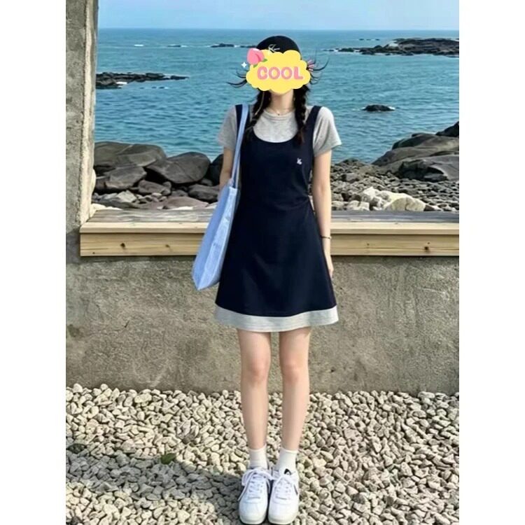 大码学院风假两件显瘦连衣裙