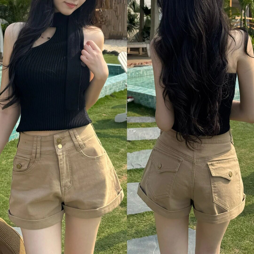 卡其工装高腰牛仔短裤女显瘦显高