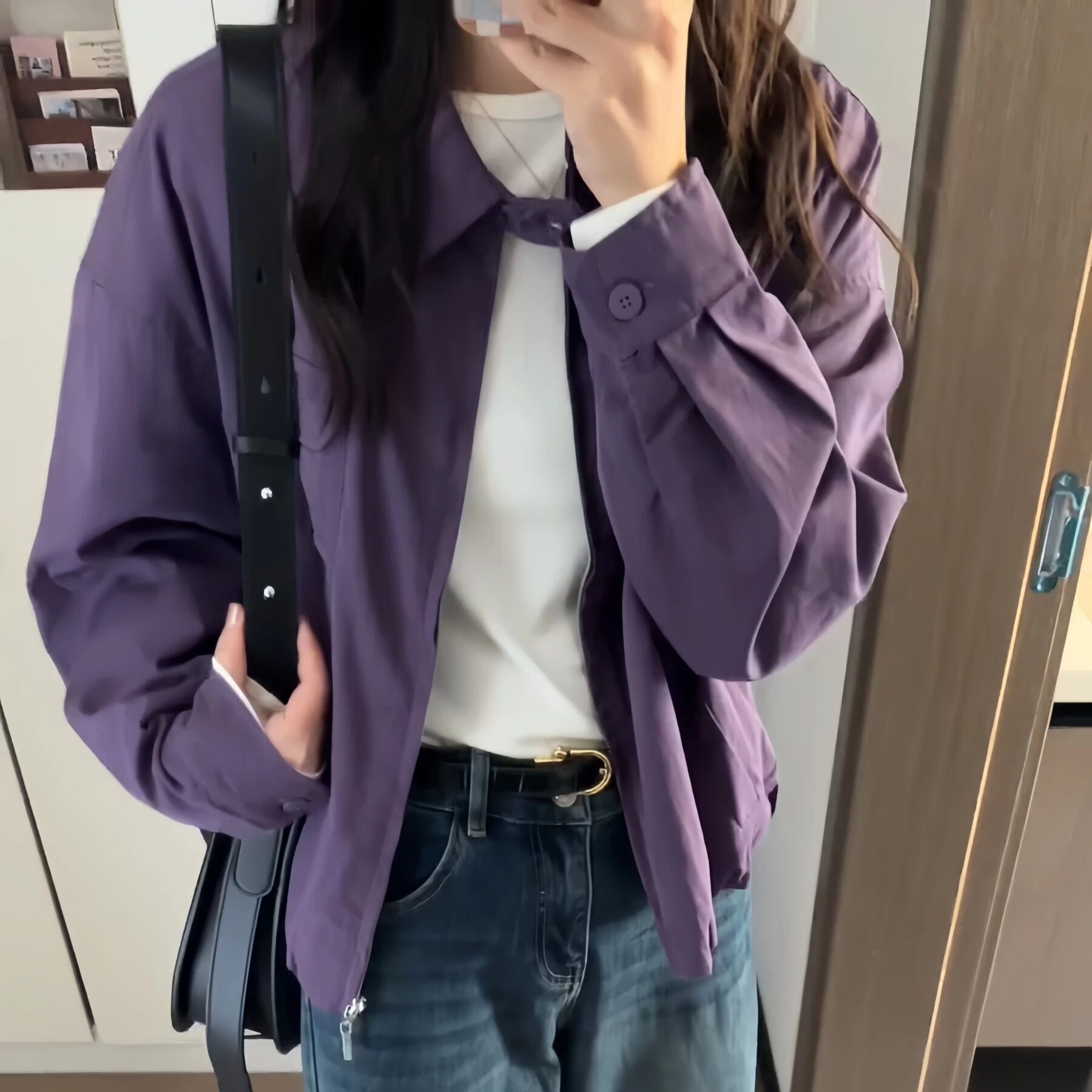 韩系早秋紫色工装夹克外