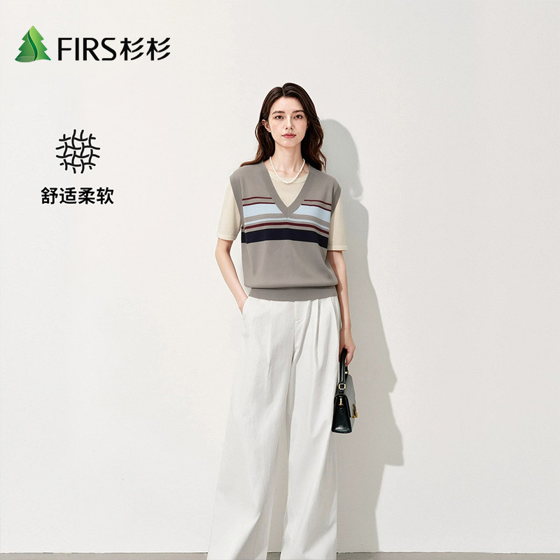 Firs/杉杉条纹假两件T恤2026夏季薄款短袖女圆领气质百搭舒适上衣