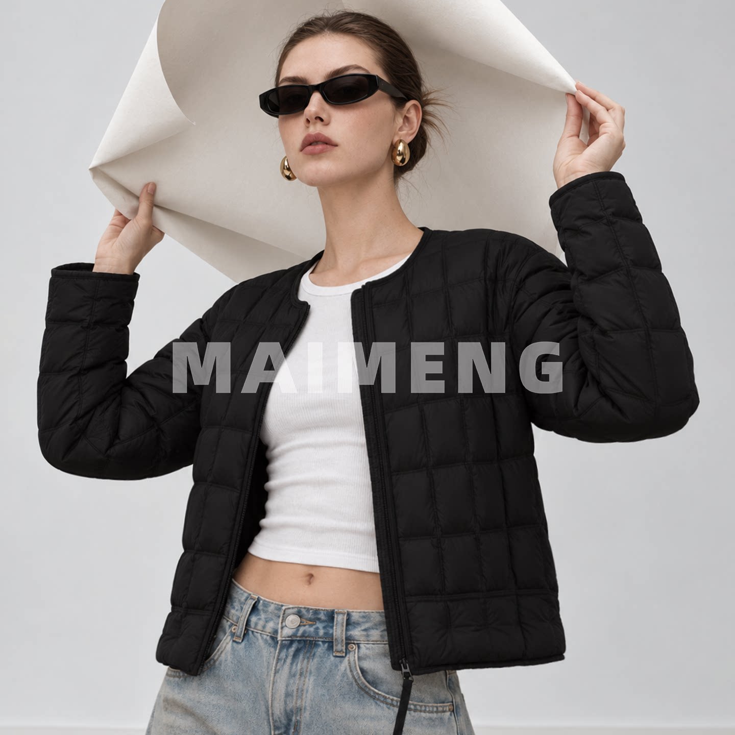 迈萌轻薄款方格羽绒服2026冬季新款圆领基本款外穿羽绒外套女士