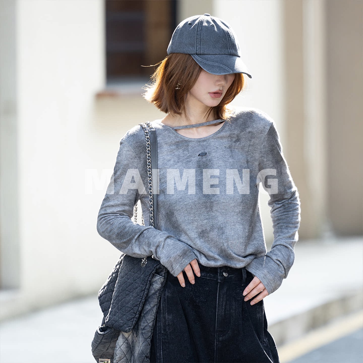 迈萌秋款宽松扎染圆领针织衫女