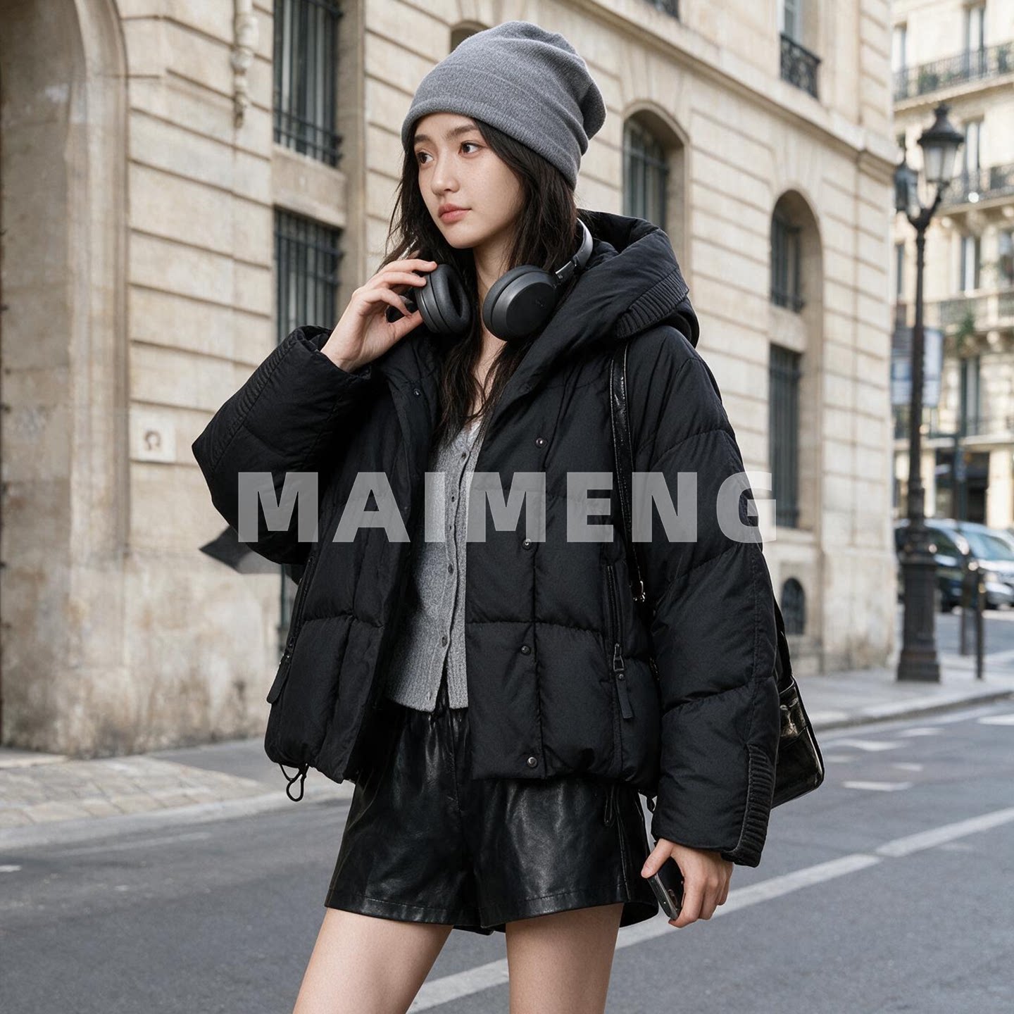 迈萌黑色短款羽绒服女26冬季新款连帽宽松 90鸭绒加厚面包服外套