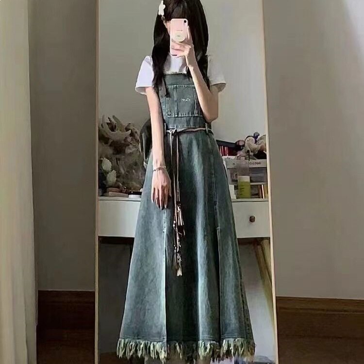 两件套复古毛边设计流苏牛仔背带裙学生夏季宽松百搭短袖T恤套装
