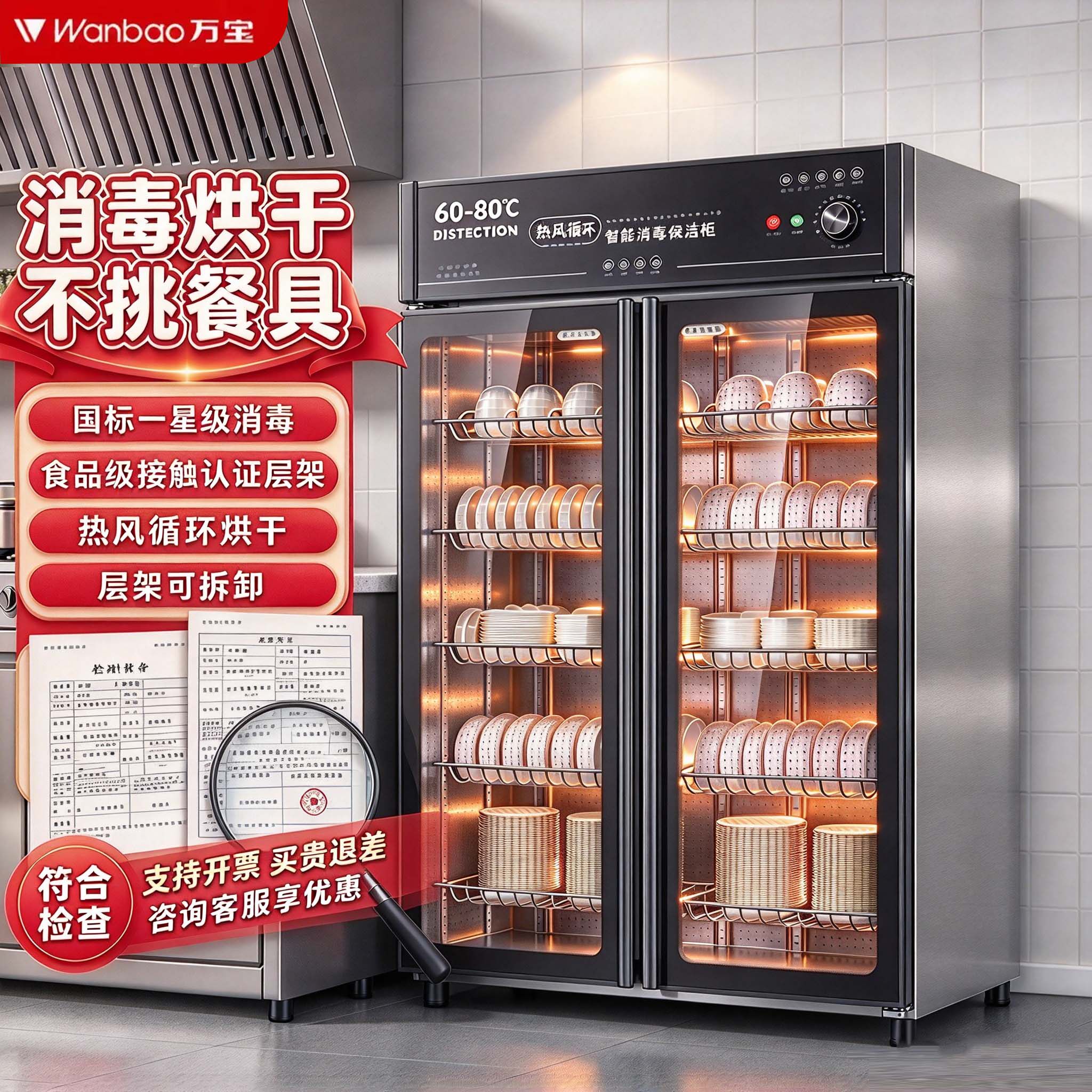 万宝商用消毒柜餐饮餐厅立式大容量热风循环双门食堂饭店家用碗具