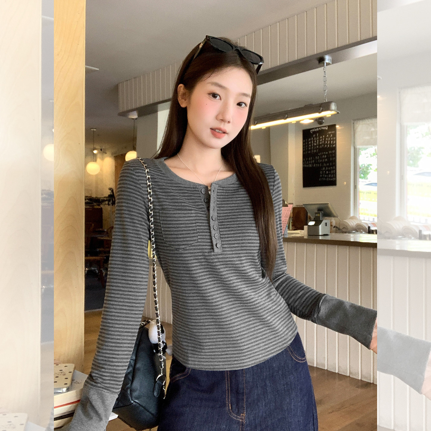 休闲风条纹长袖T恤女2026年春秋季半开领撞色设计感显瘦百搭上衣