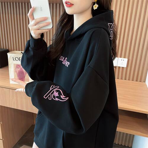 潮牌字母刺绣连帽卫衣女oversize