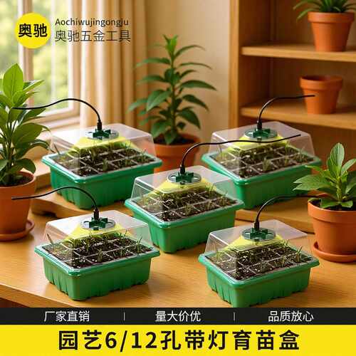 园艺种植移栽多功能育苗盒 带灯6/12孔LED灯光照透气育苗盘三件套
