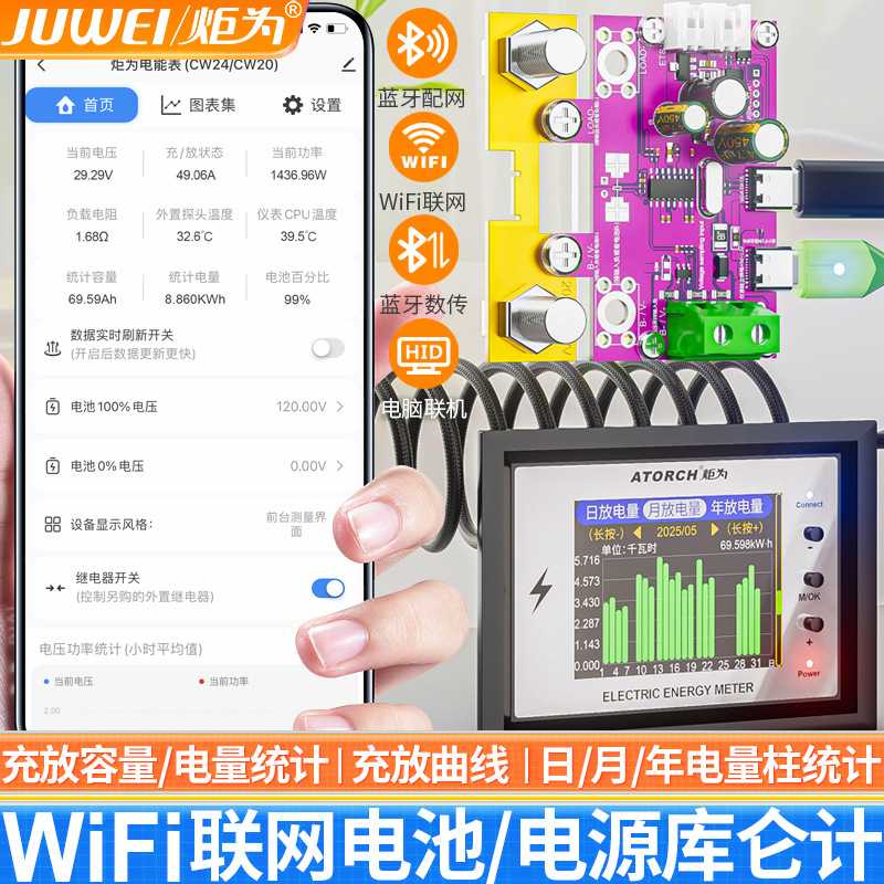 炬为wifi库仑计直流电量显示器房车电池电压高精度双向电流检测仪图片