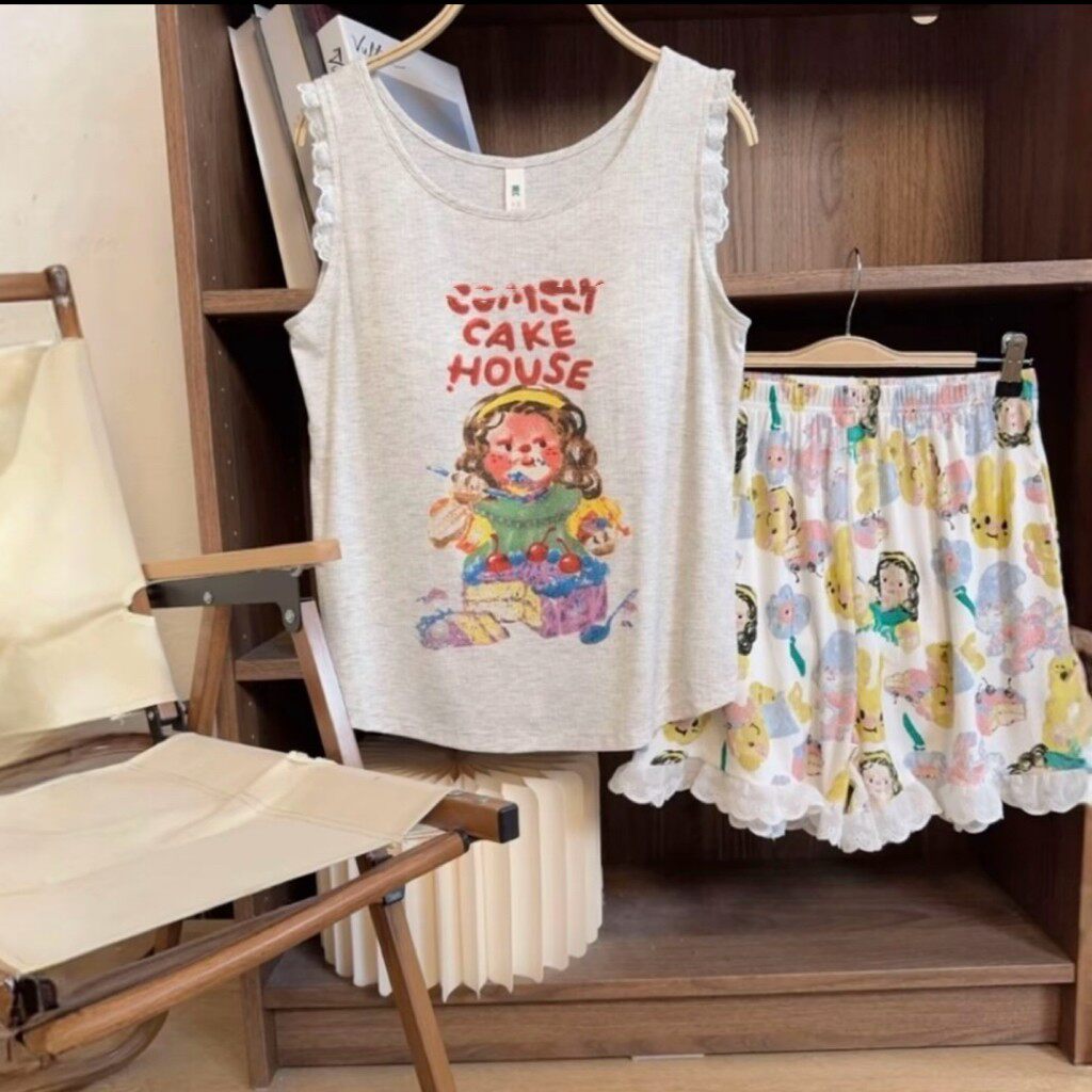 ins风油画女孩卡通印花睡衣带胸垫背心短裤甜美花边家居服套装LH