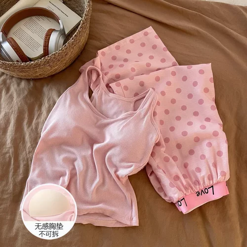 睡衣夏季人棉背心长裤大码凉感带胸垫可外穿粉色圆点套装家居服J