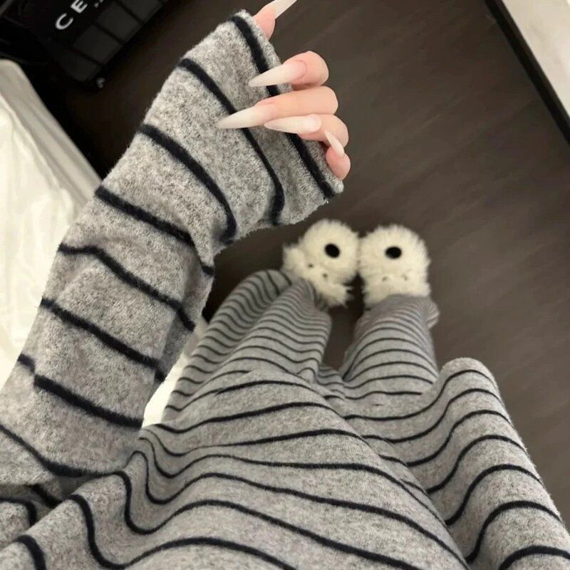 新款秋季微磨毛韩系条纹睡衣女冬季大码舒适家居服套装休闲慵懒LH