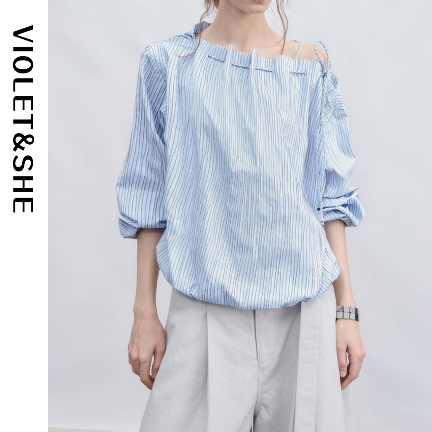 VIOLET&SHE斜肩条纹衬衫夏灯笼