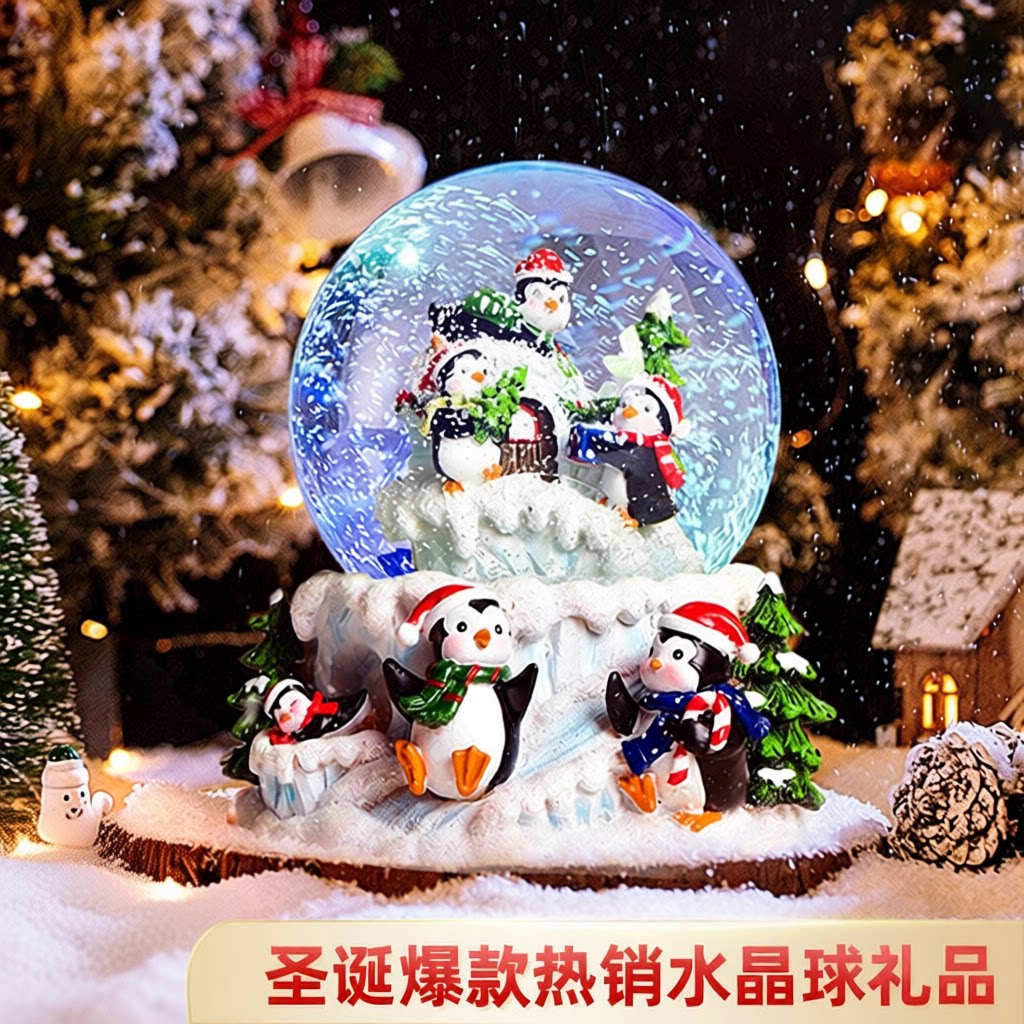 圣诞礼物企鹅水晶球八音盒带七彩