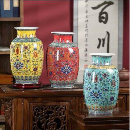 缠枝福寿珐琅彩冬瓜仿古中式装饰品陶瓷摆件花花插玄关摆设