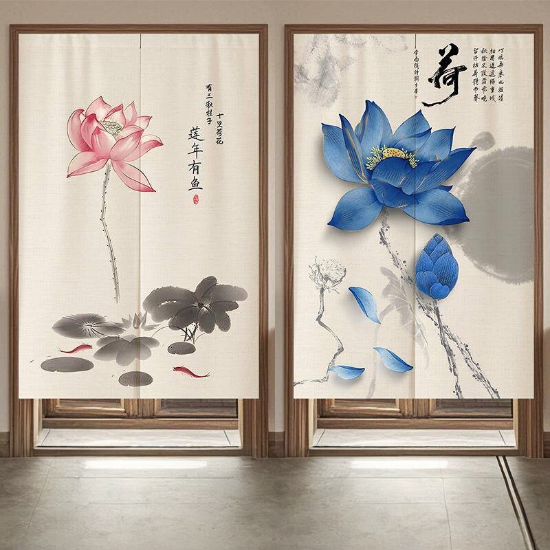 新款家用卧室挂帘卫生间遮挡半帘厨房中式简约荷花隔断门帘