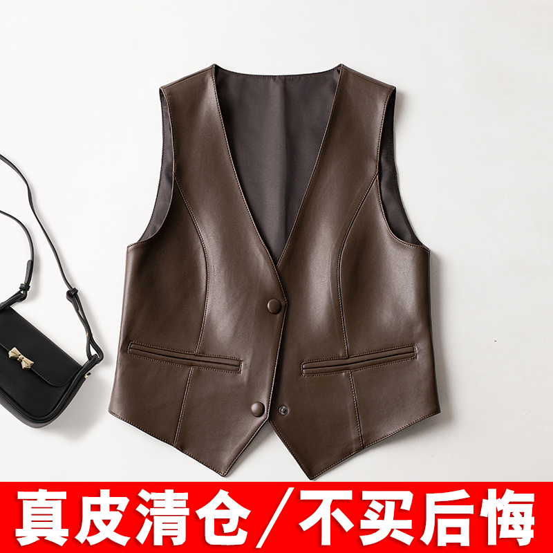 2025春秋新款真皮马甲女绵羊皮修身显瘦时尚百搭短款马夹无袖坎肩